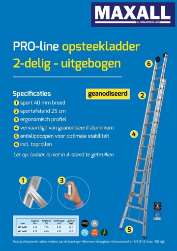 2 delige opsteekladder met uitgebogen bomen 16 t m1 4