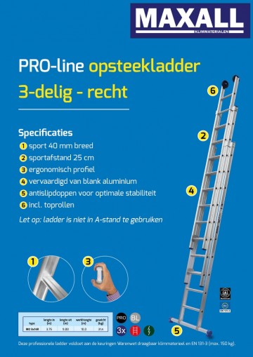 3 delige opsteekladder met rechte bomen 14 sporten1 4