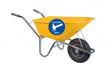 Bouwkruiwagen basic hdpe 100 l geel met softwiel