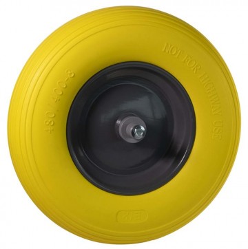 Kruiwagenwiel 400x8 geel softwiel metaal kogellagers 13 cm as